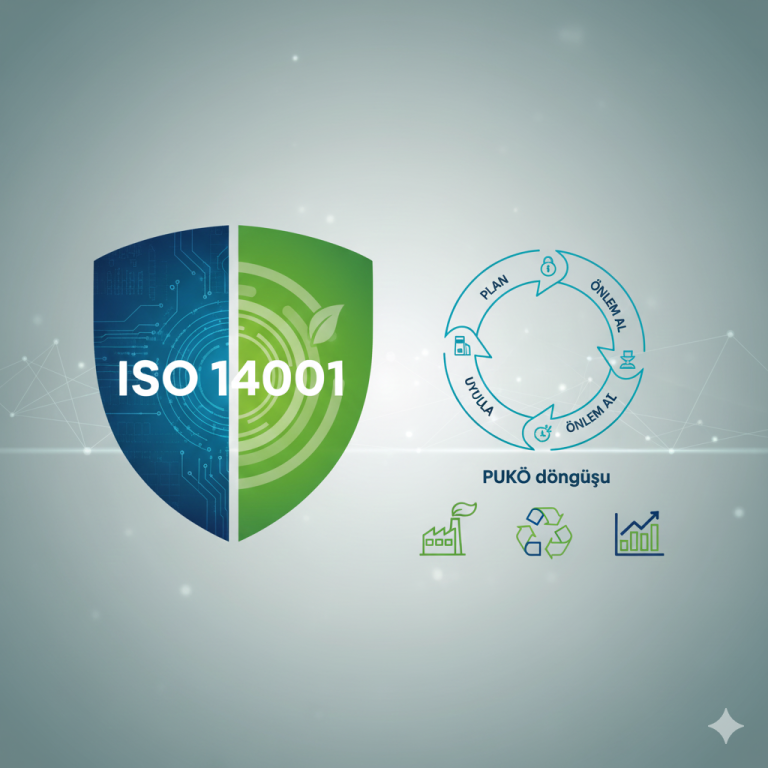 ISO 14001 çevre standartlarını simgeleyen yeşil teknoloji ve sürdürülebilirlik ikonları.