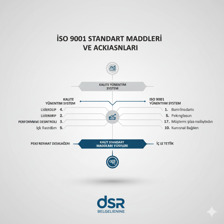 ISO 9001 standart maddelerini gösteren kurumsal yönetim şeması.