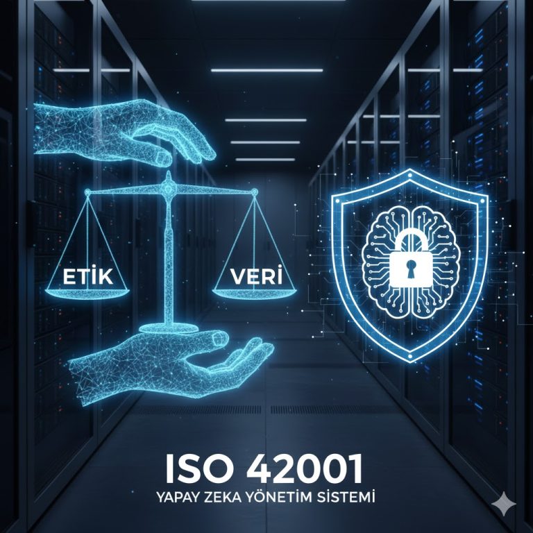 Yapay zekada etik ve güvenlik kavramlarını temsil eden dijital terazi ve kalkan simgeli ISO 42001 konsept tasarımı.