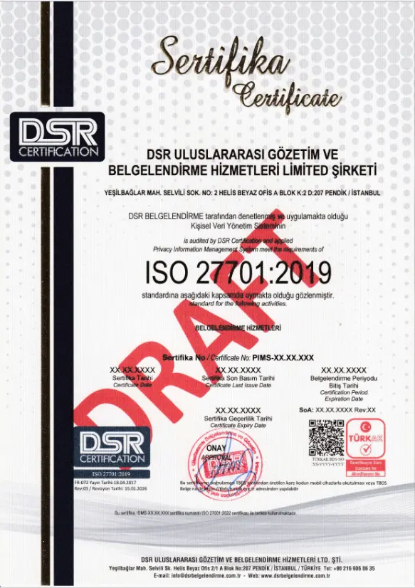TüRKAK Akreditasyonlu Örnek ISO 27701: 2019 DSR Belgelendirme