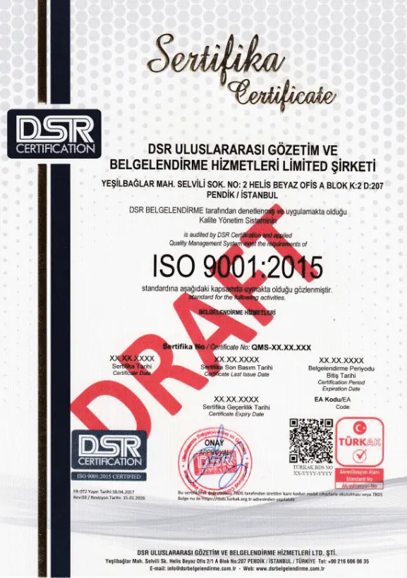 Türkak Akreditasyonlu ISO 9001 2015 Belgesi Örneği DSR Belgelendirme