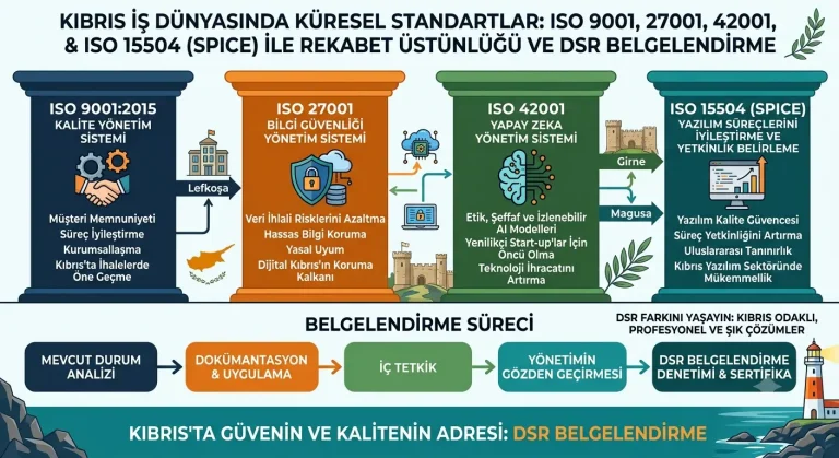 Kıbrıs TÜRKAK onaylı ISO 9001, 27001, 42001 ve ISO 15504 SPICE belgelendirme süreci infografiği - DSR Belgelendirme